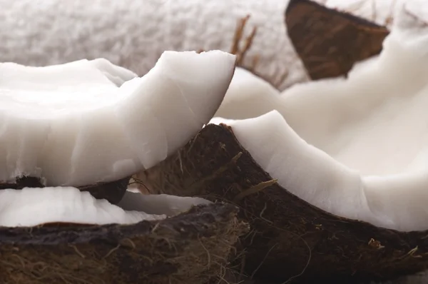 Open kokosnoot en witte handdoek — Stockfoto
