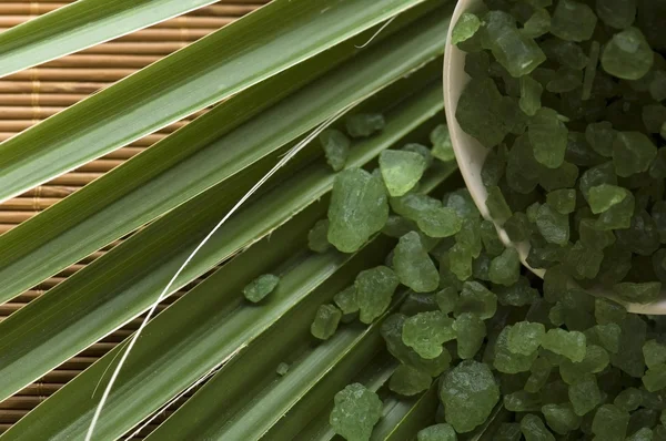 Badesalt og palmeblader – stockfoto