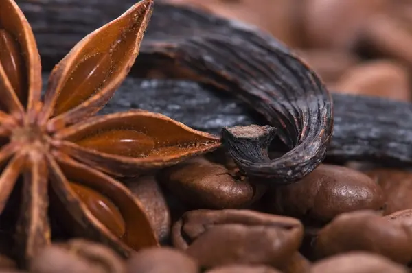 Café aromático. ingredientes. granos de café, anís, va — Foto de Stock
