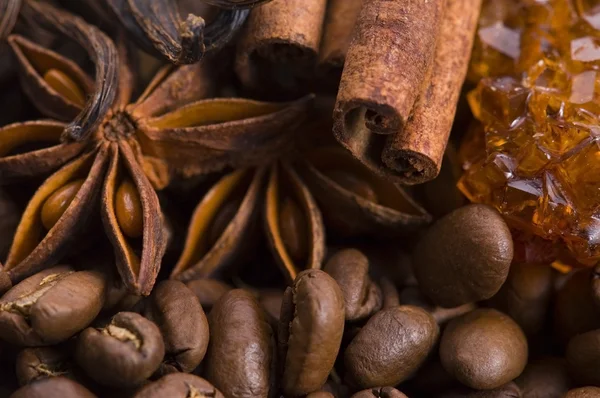 Aroma coffe. ingredients. coffe beens, anise, ci — Stock Photo, Image