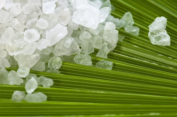 Bath salt and palm leaf — Stock Photo, Image
