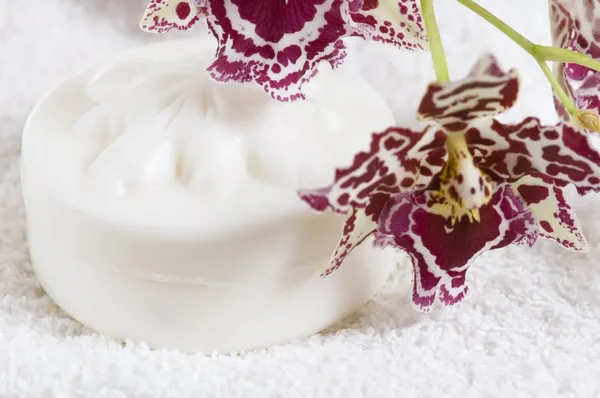 Beyaz havlular, doğal sabun ile Spa öğeleri ve ya — Stok fotoğraf