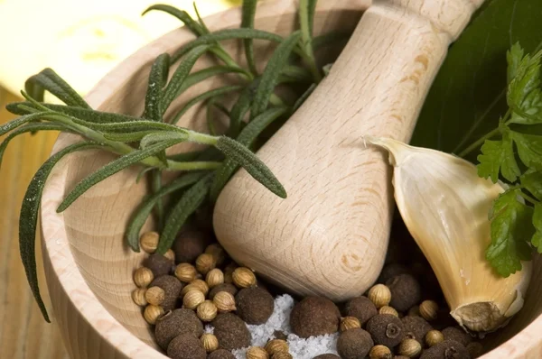 Mortar with fresh herbs and allspice — Stock Photo, Image