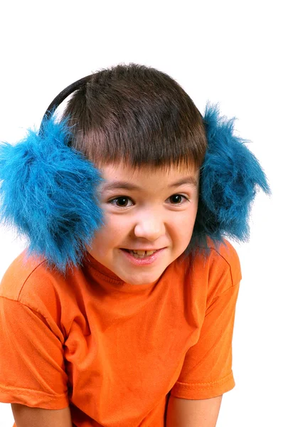 Boy in fur headphones — Stock Photo, Image