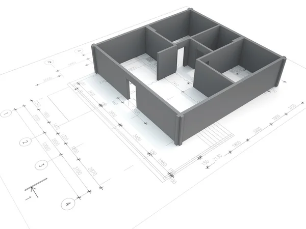 3d apartment on blueprint — Stock Photo, Image