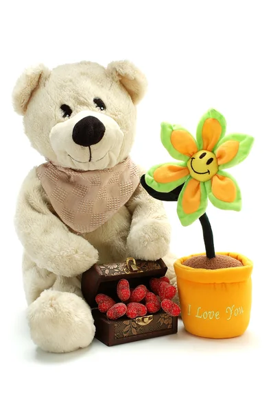 Teddy fiore e cuori — Foto Stock