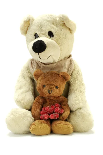Two teddy bears with hearts — Stock Photo, Image