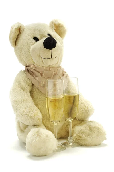 Teddy bear with champagne — Stock Photo, Image