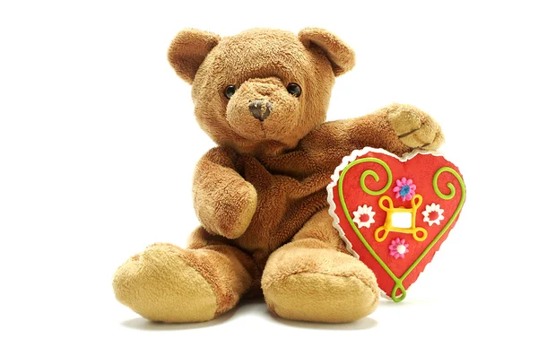 Urso de pelúcia com grande coração doce — Fotografia de Stock