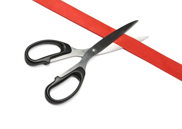 Red ribbon cutting — Stock Photo, Image
