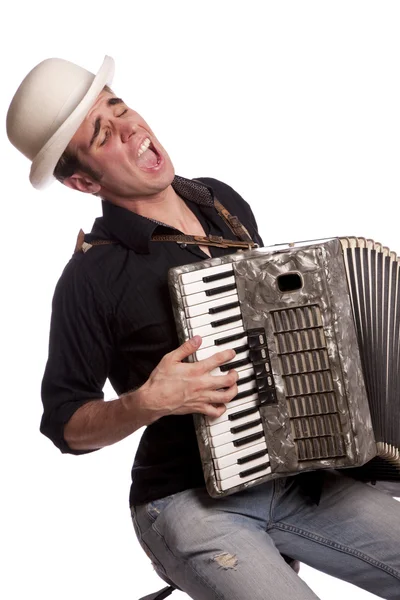 Masculino com acordeão e chapéu — Fotografia de Stock