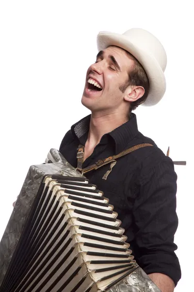 Mężczyzna z akordeon i kapelusz — Zdjęcie stockowe