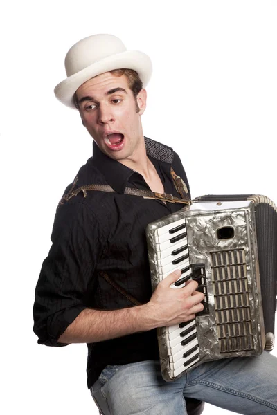 Muž s akordeon a klobouk — Stock fotografie