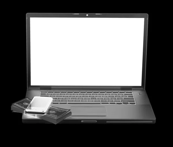 Laptop cu telefon mobil și bani americani — Fotografie, imagine de stoc