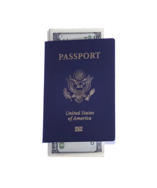 Διαβατήριο και στοίβα από εμάς χρήματα — Φωτογραφία Αρχείου
