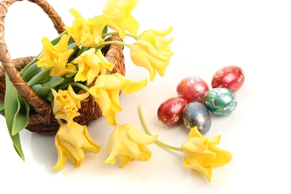 Jaja i tulipany — Zdjęcie stockowe