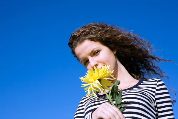 Молодая женщина и хризантема — стоковое фото