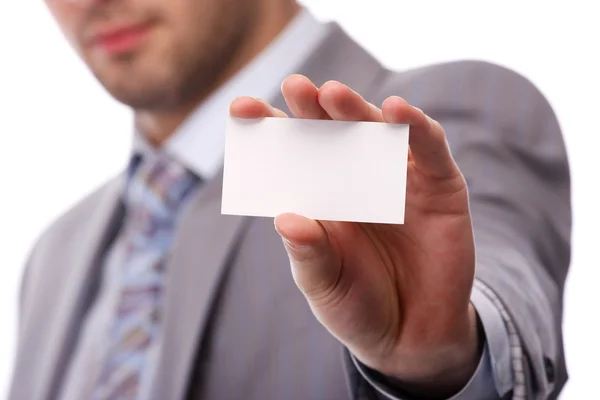 Hombre de negocios con tarjeta blanca — Foto de Stock