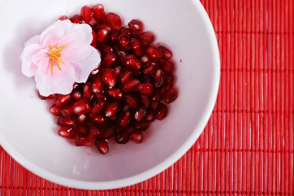 Red seeds and white bowl — Stock Photo, Image