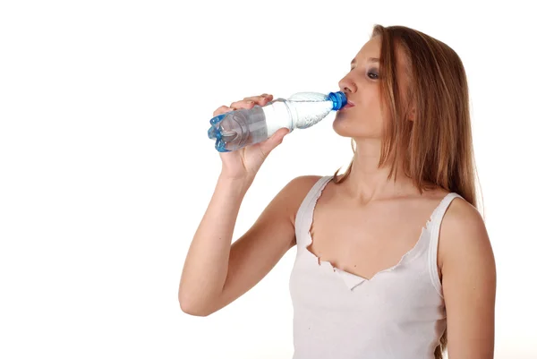 Frau und Flasche Wasser — Stockfoto