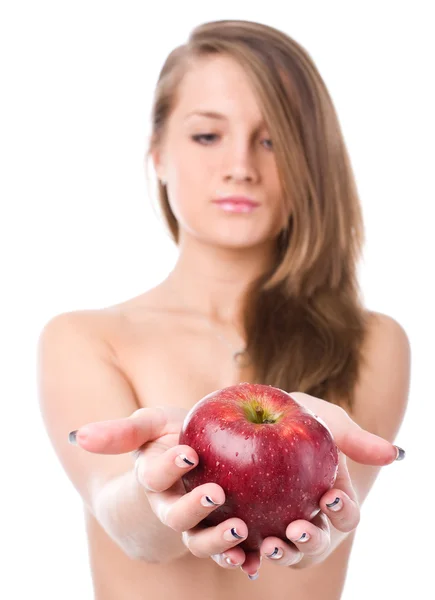 Γυναίκα και κόκκινο μήλο — Φωτογραφία Αρχείου
