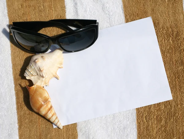 Concha e óculos de sol sobre papel — Fotografia de Stock