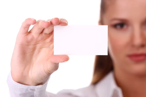 Beyaz kart ile iş kadını — Stok fotoğraf
