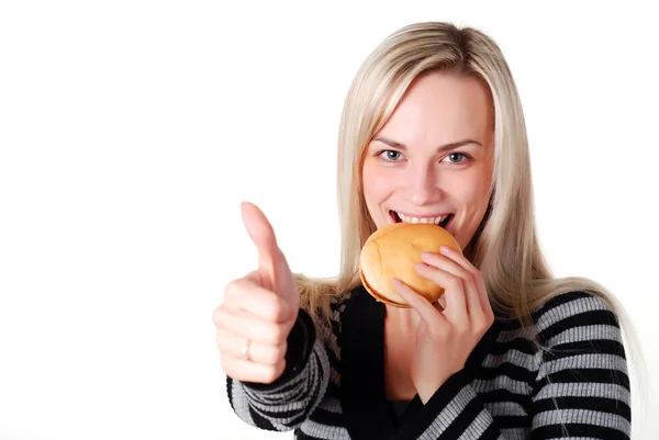 Žena s hamburger — Stock fotografie