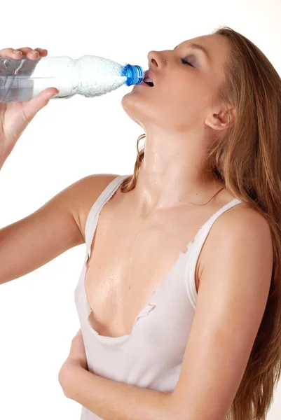 Mujer y botella de agua — Foto de Stock