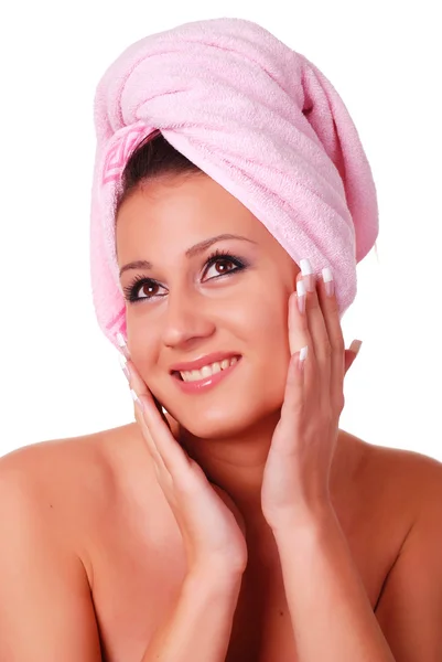 Donna in asciugamano rosa — Foto Stock