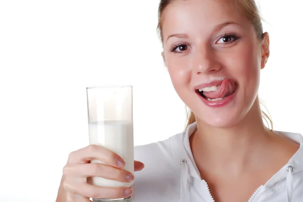 Woman with glass of milk — Stock Photo, Image