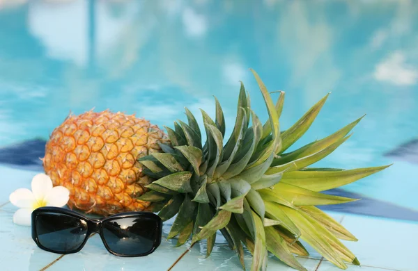 菠萝与太阳眼镜和池 — 图库照片
