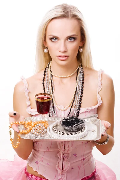 Luxurious woman and silver tray — Stock Photo, Image