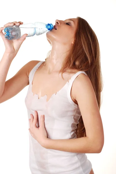 Kadın ve şişe suyu — Stok fotoğraf