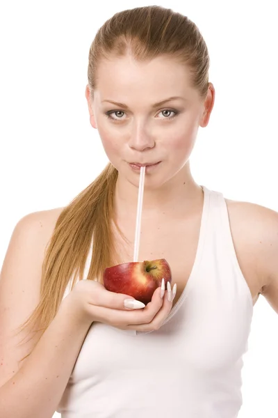 Vrouw en de helft van apple — Stockfoto