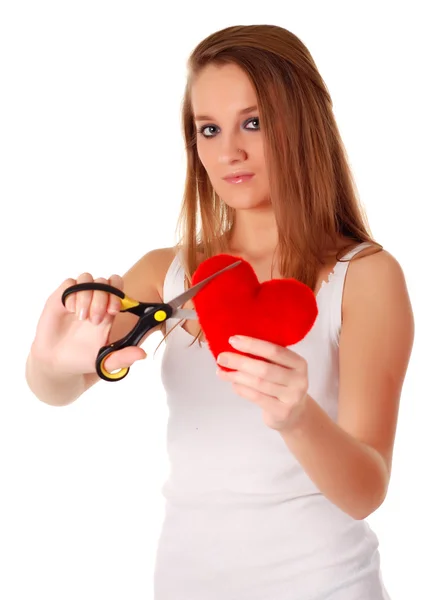 Kvinna med sax och rött hjärta — Stockfoto