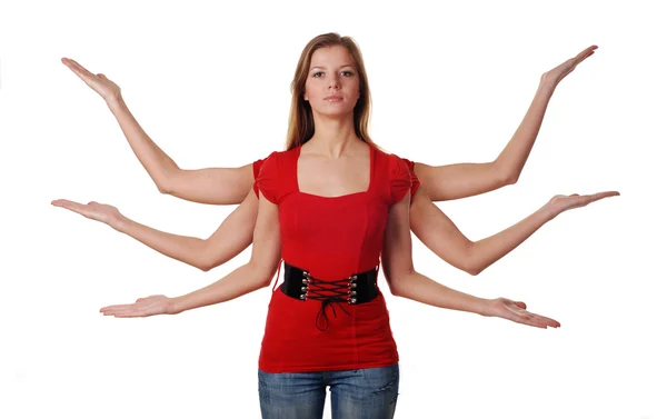 Junge Frau mit sechs Händen — Stockfoto