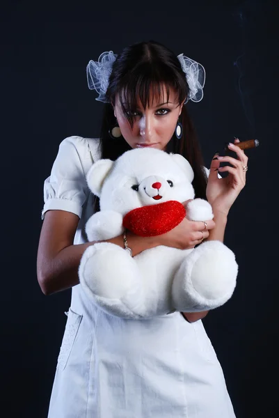 Beauty woman with bear and cigar — Stock Photo, Image
