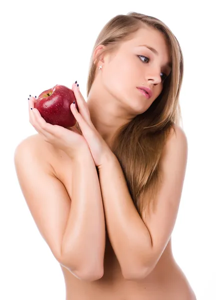 Žena a červené jablko — Stock fotografie