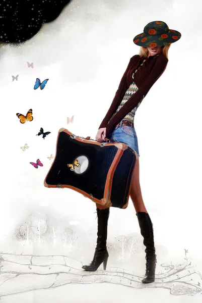 Menina com saco de viagem — Fotografia de Stock