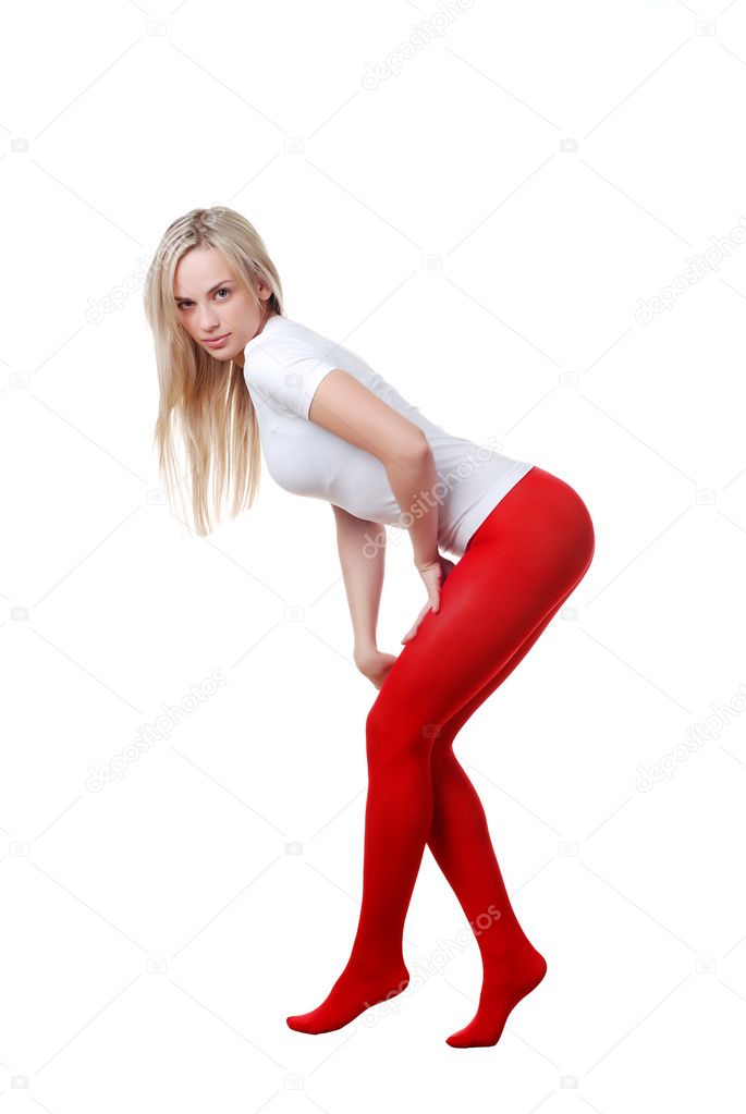 Topless Woman in Red Tights Stock Photo