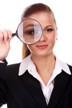 Businesswoman with magnifying glass clipart