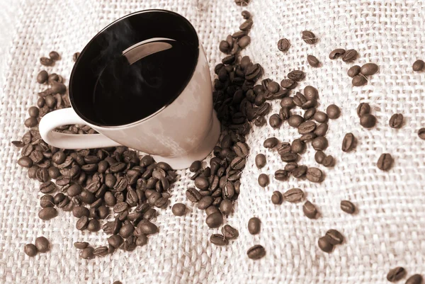 Cup of coffe and coffee beans — Stock Photo, Image