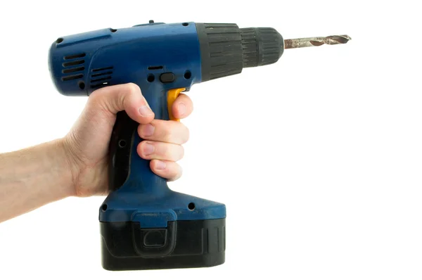 Cordless screwdriver in his hand — Stock Photo, Image