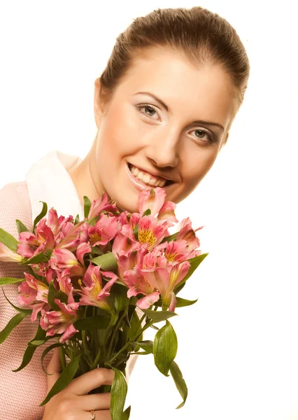 Žena s růžovými květy — Stock fotografie
