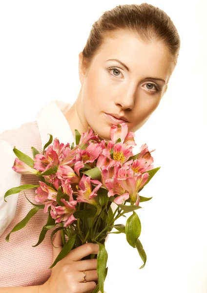 Kadın pembe çiçekli — Stok fotoğraf