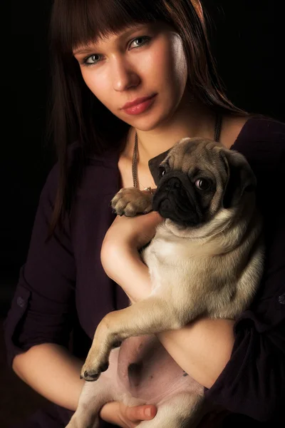 Girl and pug — Stock Photo, Image