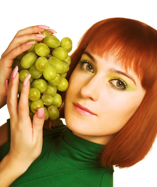 Woman with bunch of grapes — Stock Photo, Image