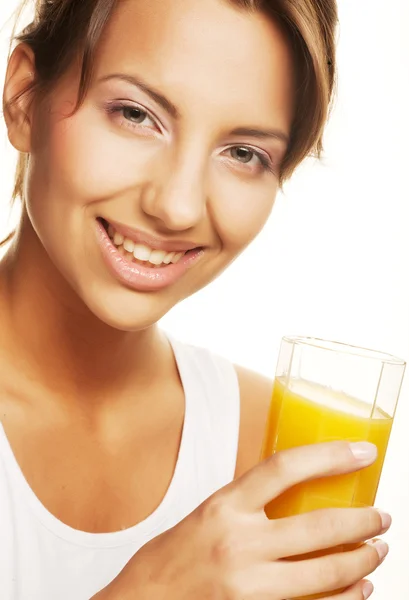 Woman drinking orange juice close up — Stock Photo, Image