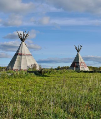 Two wigwams on a grass against the sky clipart